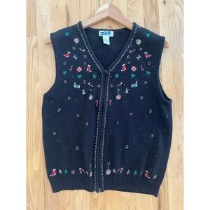 Draper &‎ Damons Vintage Christmas Sweater Vest Black Embroidered Beaded Zip L